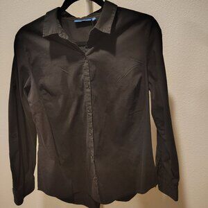 Apt. 9 Women's Button Front Collared Blouse Size Large Black Solid Long Sleeve